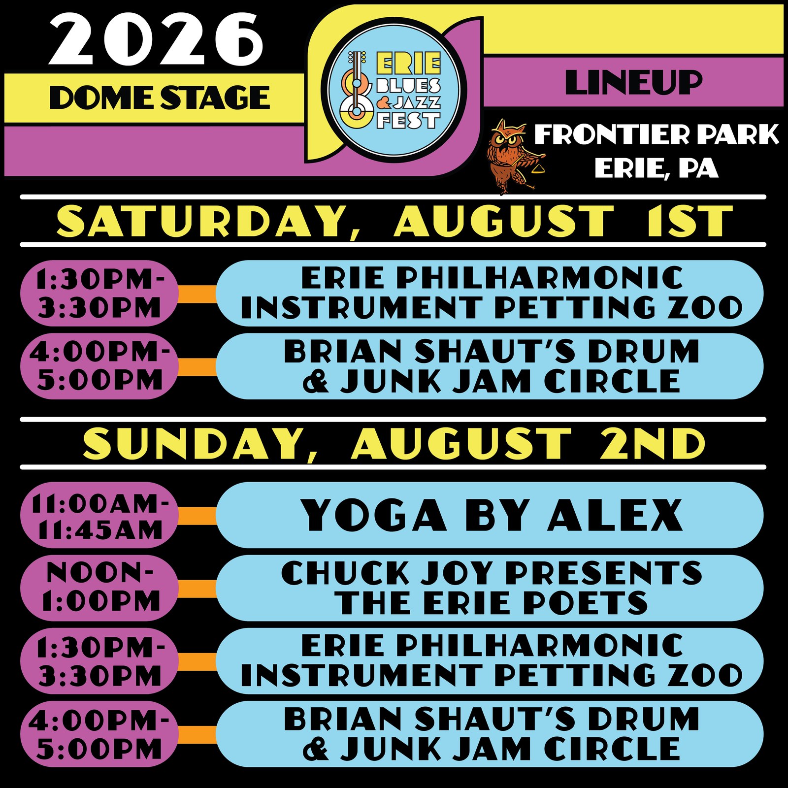 Erie Blues & Jazz Fest 2026 Dome Stage schedule for Saturday August 1 and Sunday August 2