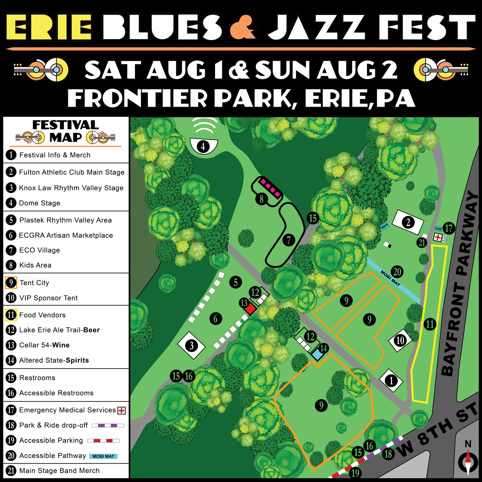Erie Blues & Jazz Fest 2026 festival map of Frontier Park, Erie PA - stages, food vendors, restrooms, parking and accessibility