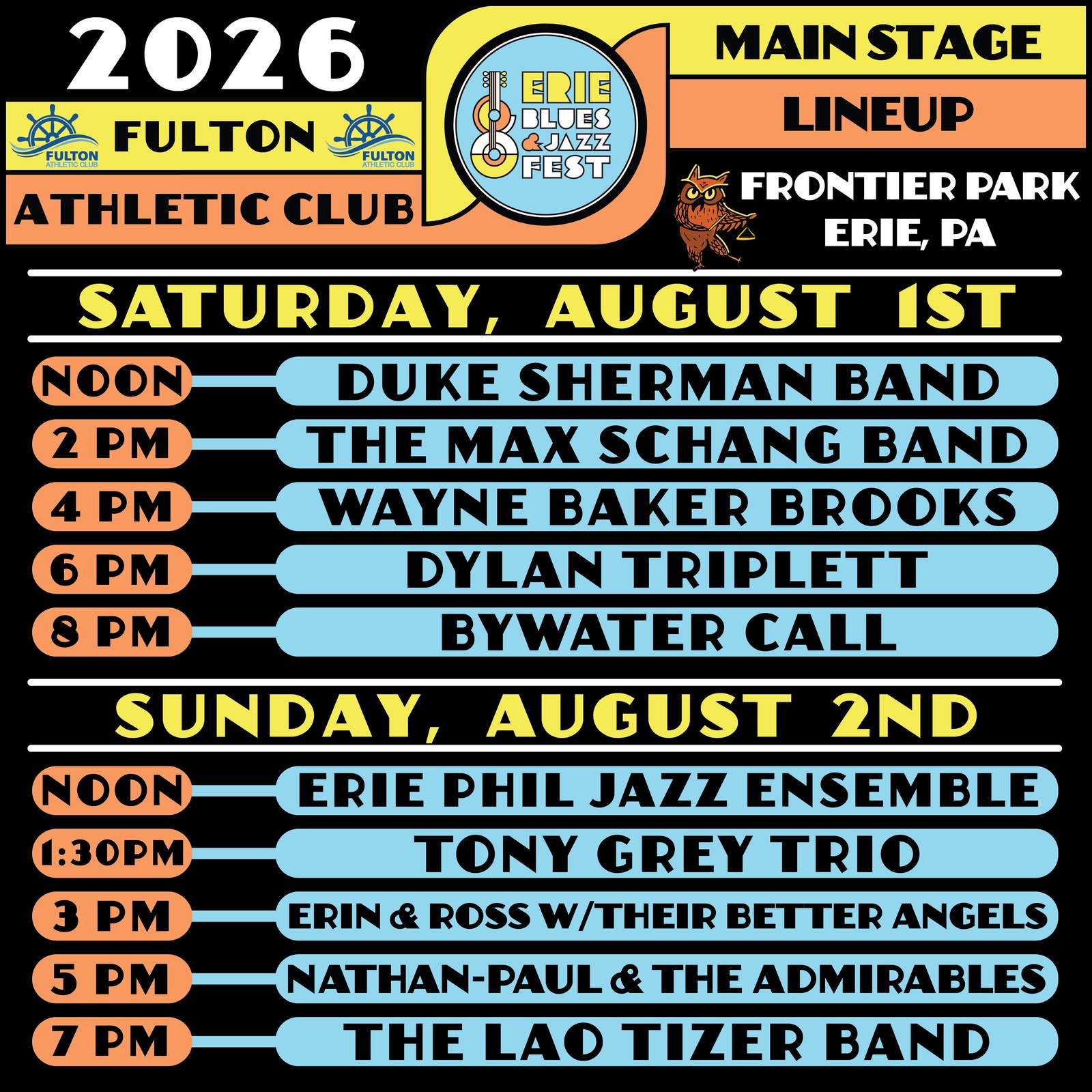 Erie Blues & Jazz Fest 2026 Main Stage lineup and set times for Saturday August 1 and Sunday August 2