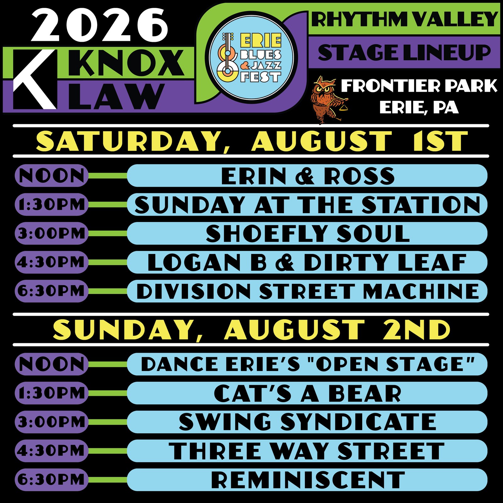 Erie Blues & Jazz Fest 2026 Rhythm Valley Stage lineup and set times for Saturday August 1 and Sunday August 2