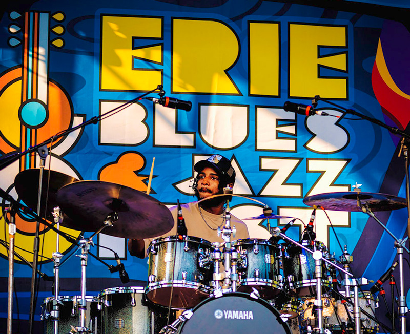 jazz drummer on Erie Blues and Jazz stage
